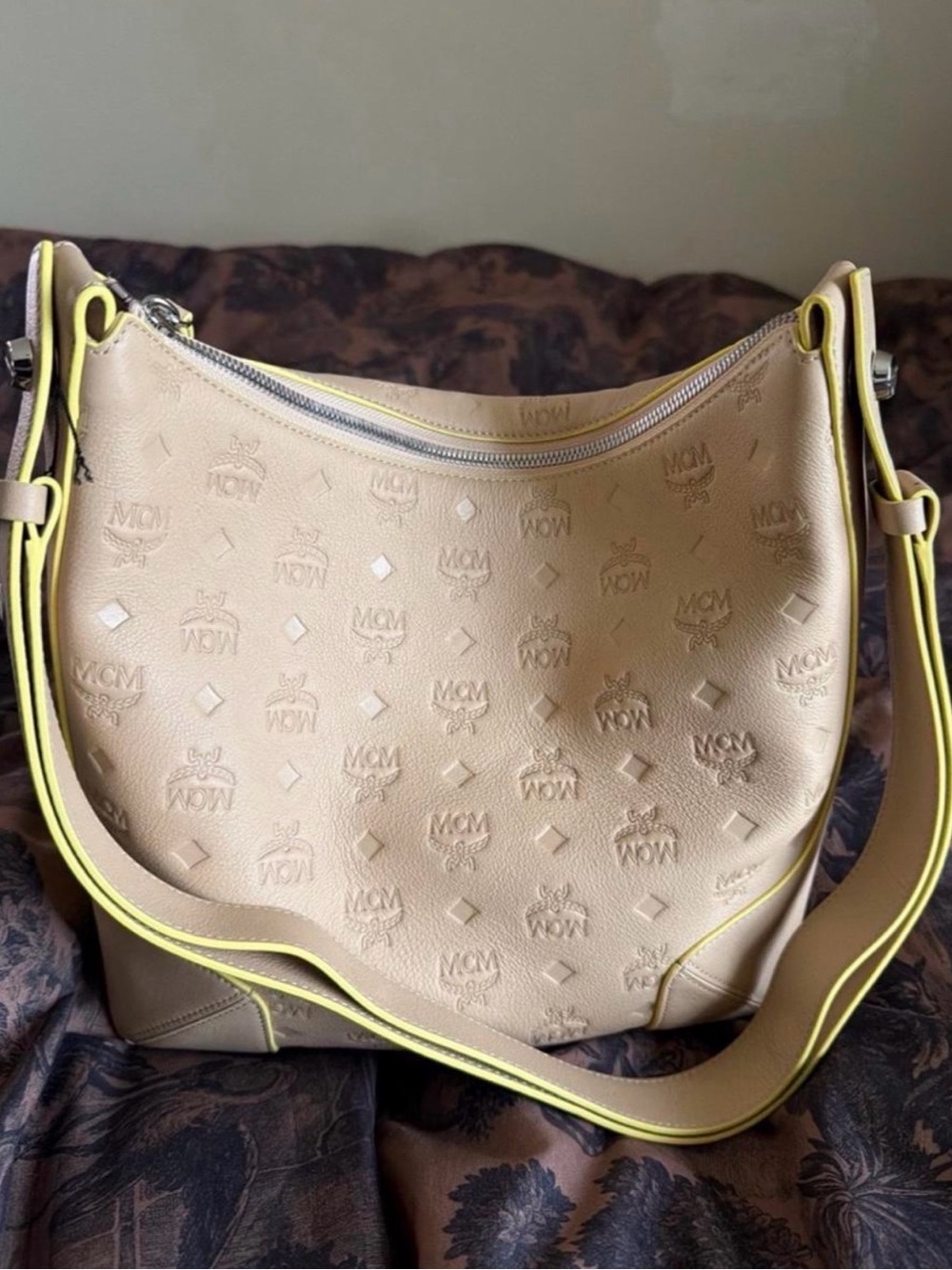 MCM Beige Leather Hobo Bag with Neon Trim